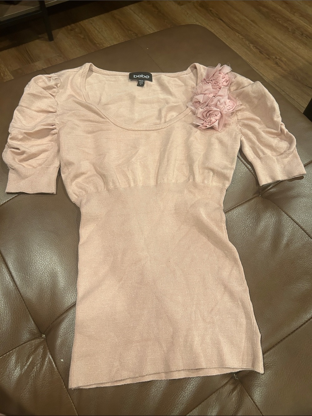 bebe Blush Pink Scoop Neck Top with Floral Shoulder Detail